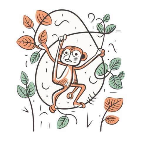 Monkey climbing a tree. Vector illustration in doodle style.