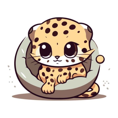 Cute cartoon baby leopard sitting in a bowl. Vector illustration