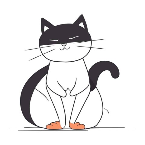 Cute black and white cat sitting on the floor. Vector illustrati