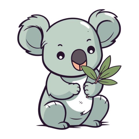 Cute cartoon koala holding a green leaf. Vector illustration.