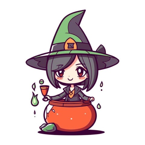 Cute cartoon witch with pot of potion. Halloween vector illustra