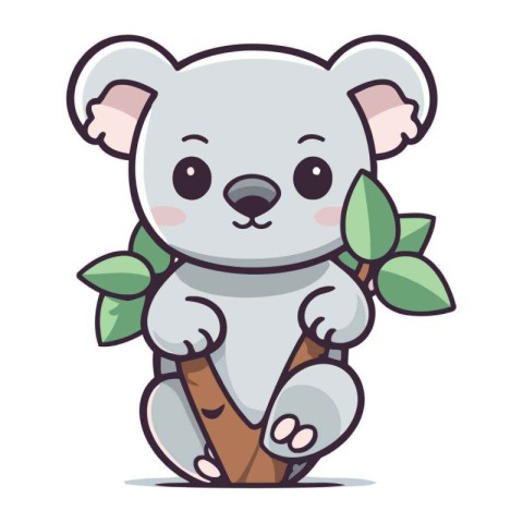 Cute koala character holding a tree branch. Vector illustration.