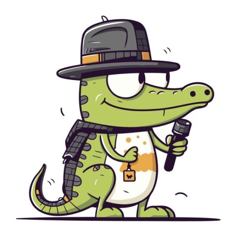 Crocodile in a hat and with a microphone. Vector illustration