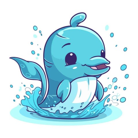 Cute cartoon blue whale swimming in the water. Vector illustrati