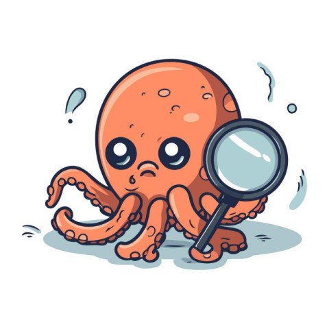 Cute octopus character with magnifying glass. Vector illustratio