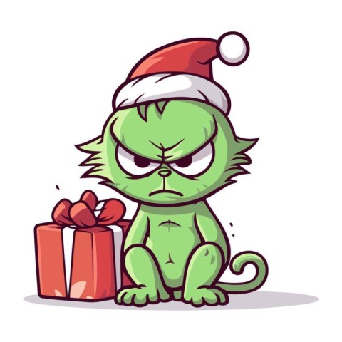 Cute cartoon cat with a christmas gift. Vector illustration.