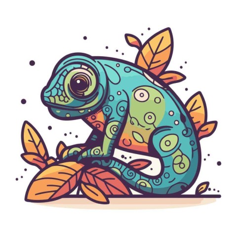 Cute cartoon chameleon sitting on leaves. Vector illustration.