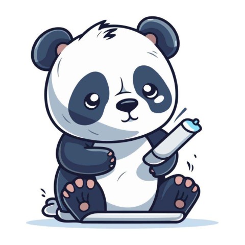 Cute panda sitting and holding a pen. Vector illustration.