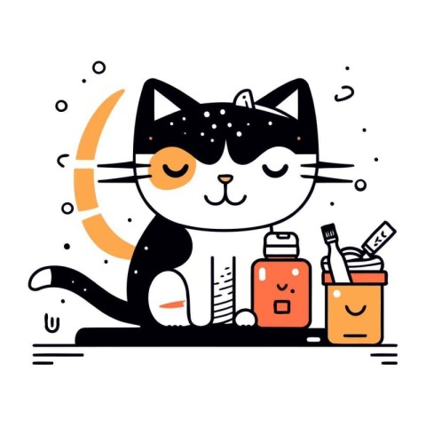 Cute cartoon cat with pills. Pet care concept. Vector illustrati