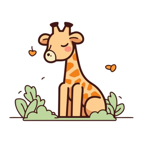 Vector illustration of cute giraffe sitting on grass. Flat style