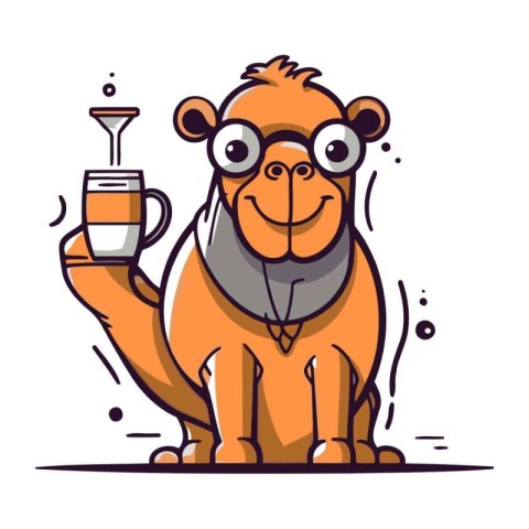 Cute cartoon monkey in glasses holding a cup of coffee. Vector i