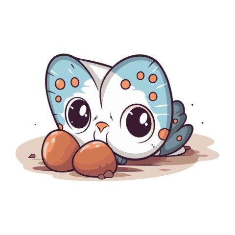 Cute cartoon blue butterfly with eggs. Vector illustration on wh