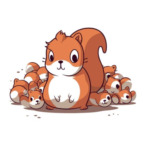 Cute little squirrel with a group of baby squirrels. Vector illu