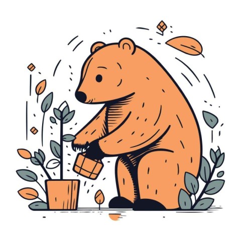 Cute bear with a gift in his hand. Vector illustration.