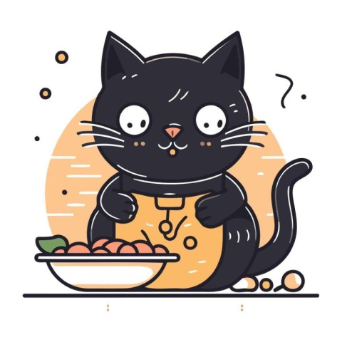 Cute black cat with a bowl of food. Vector illustration.