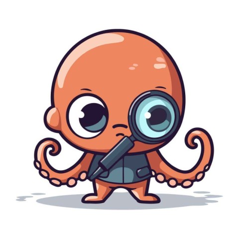 Octopus with magnifying glass. Cute cartoon vector illustration.