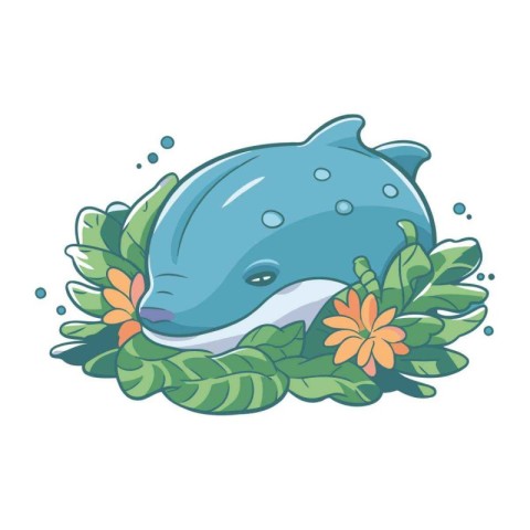 Cute cartoon whale with flowers. Vector illustration isolated on