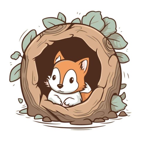 Cute fox in a hole in the tree. Vector illustration.