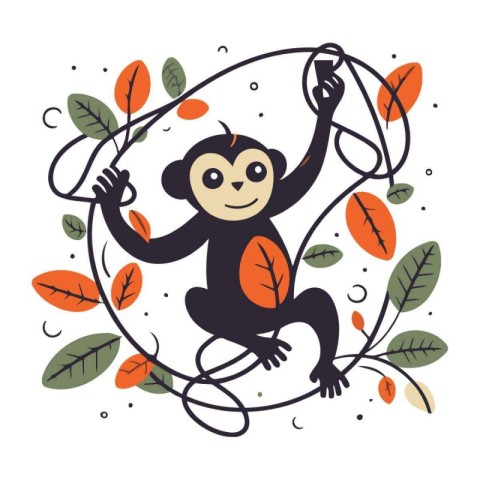 Cute monkey with leaves. Vector illustration in doodle style.