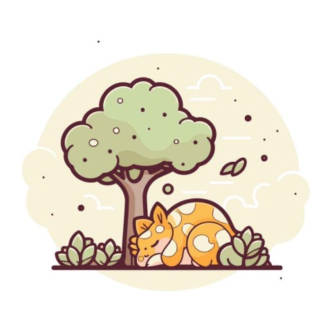 Cute cat sleeping under a tree. Vector illustration in cartoon s