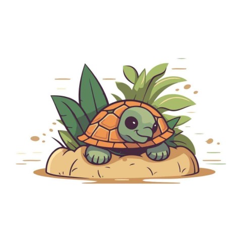 Cute turtle on the island. Vector illustration in cartoon style.