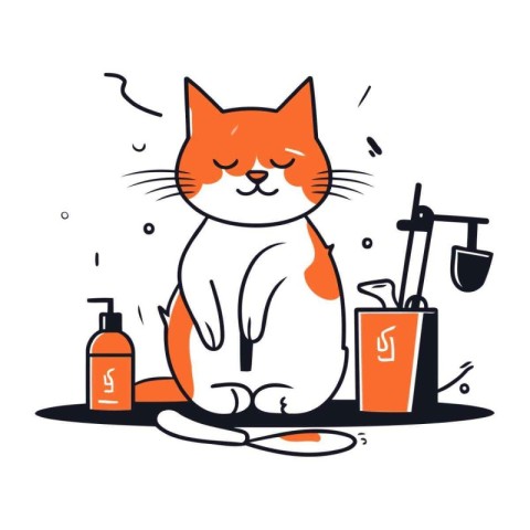 Vector illustration of a red cat sitting on the floor and washin