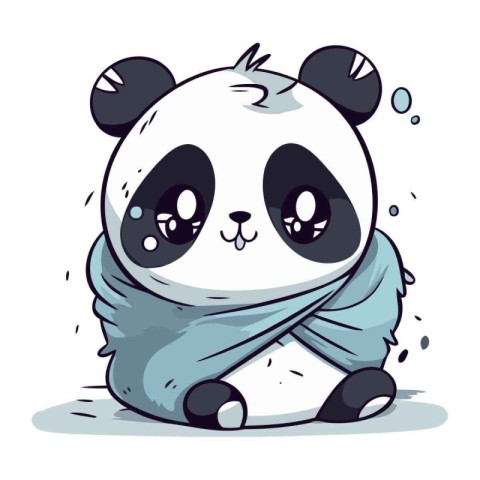 Cute cartoon panda with a blue scarf. Vector illustration.