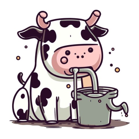 Cute cartoon cow drinking milk from a bucket. Vector illustratio