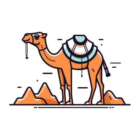 Camel in the desert. Vector illustration in thin line style.