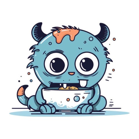 Cute little monster eating cornflakes. Vector illustration in ca