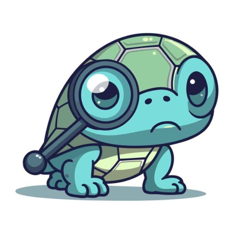 Turtle with magnifying glass. Cute cartoon vector illustration.