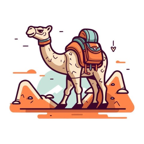 Camel in the desert. Vector illustration in flat cartoon style.