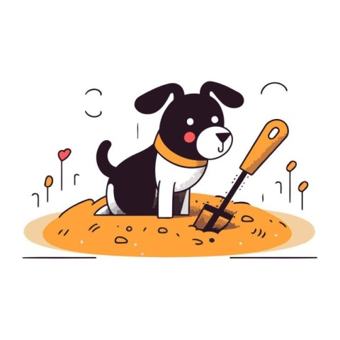 Cute dog with shovel. Vector illustration in flat cartoon style.