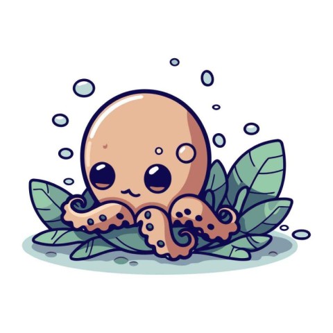 Cute octopus with tentacles and leaves. Vector illustration in c