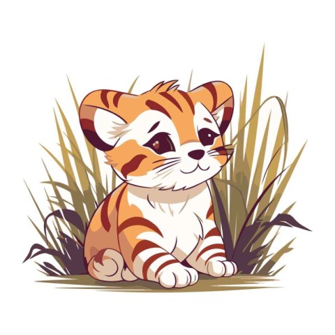 Cute tiger sitting in the grass. Vector illustration on white ba