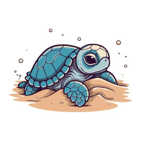 Cute cartoon turtle on the sand. Vector illustration isolated on