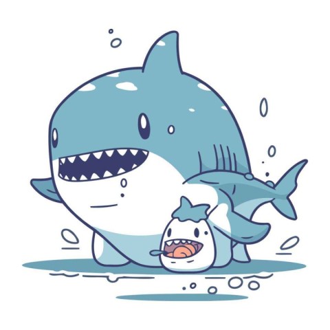 Vector illustration of a cute cartoon shark with a fish in his m