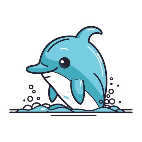 Cute cartoon dolphin jumping out of the water. Vector illustrati