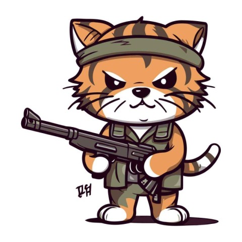 Cute tiger with a gun in his hand. Vector illustration.