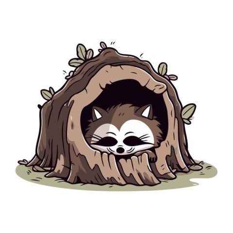 Cute cartoon raccoon hiding in a tree house. Vector illustration