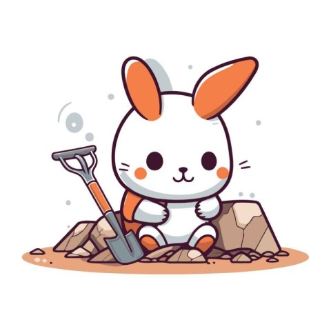 Cute bunny sitting on the rock with shovel. Vector illustration.