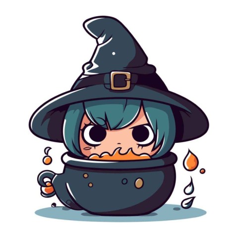 Cute little witch in black hat with cauldron. Vector illustratio