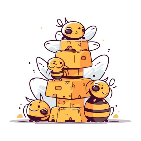 Cute little bees carrying a pile of boxes. Vector illustration.