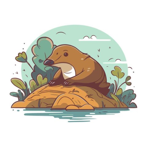 Cute hedgehog sitting on a rock in the jungle. Vector illustrati