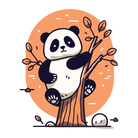 Cute cartoon panda sitting on a tree. Vector illustration.