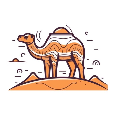 Camel in desert. Vector illustration in flat linear style on whi