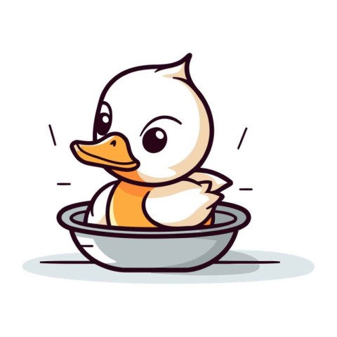 Cute duckling in a bowl of water. Vector illustration.