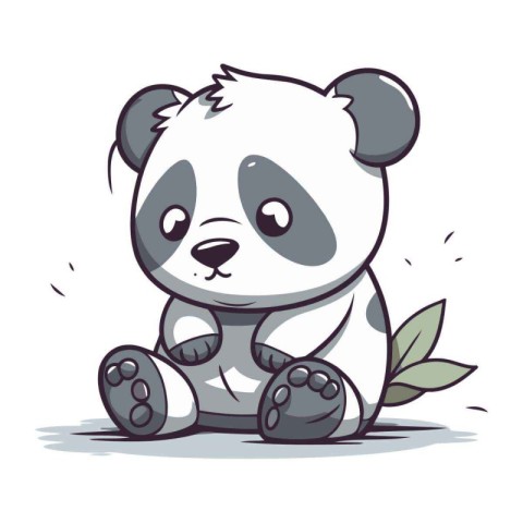 Cute cartoon panda bear with green leaves. Vector illustration.