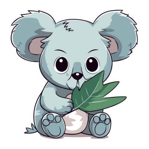 Cute cartoon koala with a green leaf. Vector illustration.