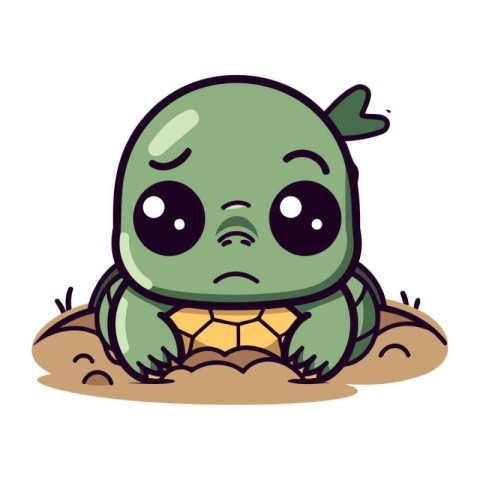 Cute little turtle sitting on the ground. Vector cartoon charact